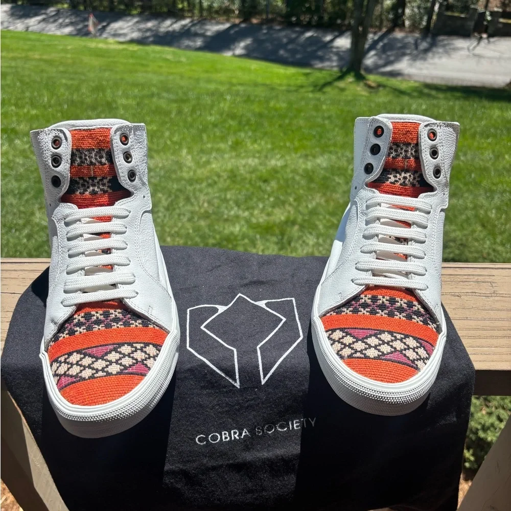 White and Orange High-Top Sneakers with Sporty Design